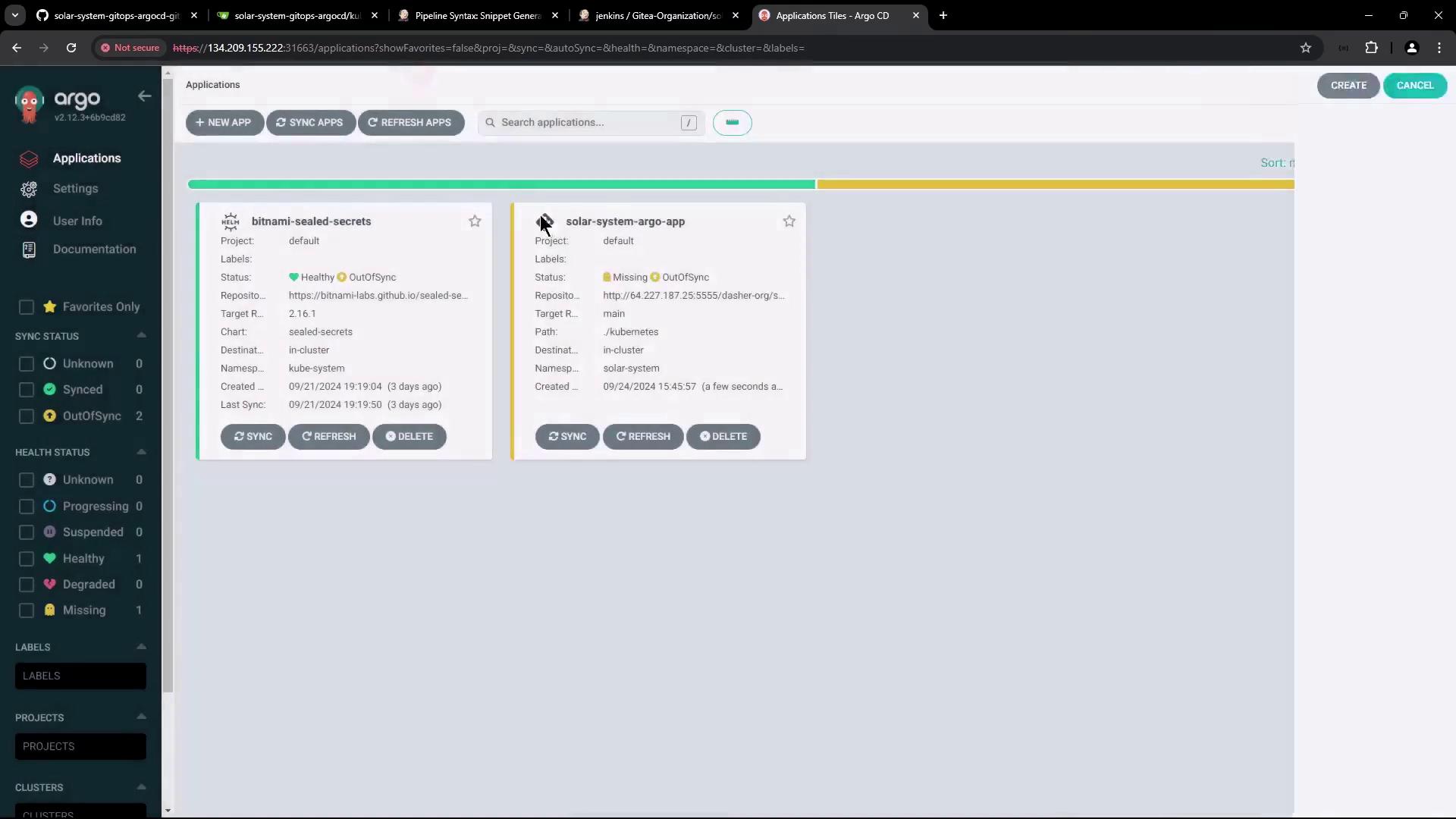 The image shows the Argo CD interface displaying two applications, "bitnami-sealed-secrets" and "solar-system-argo-app," both marked as "OutOfSync" with different health statuses.