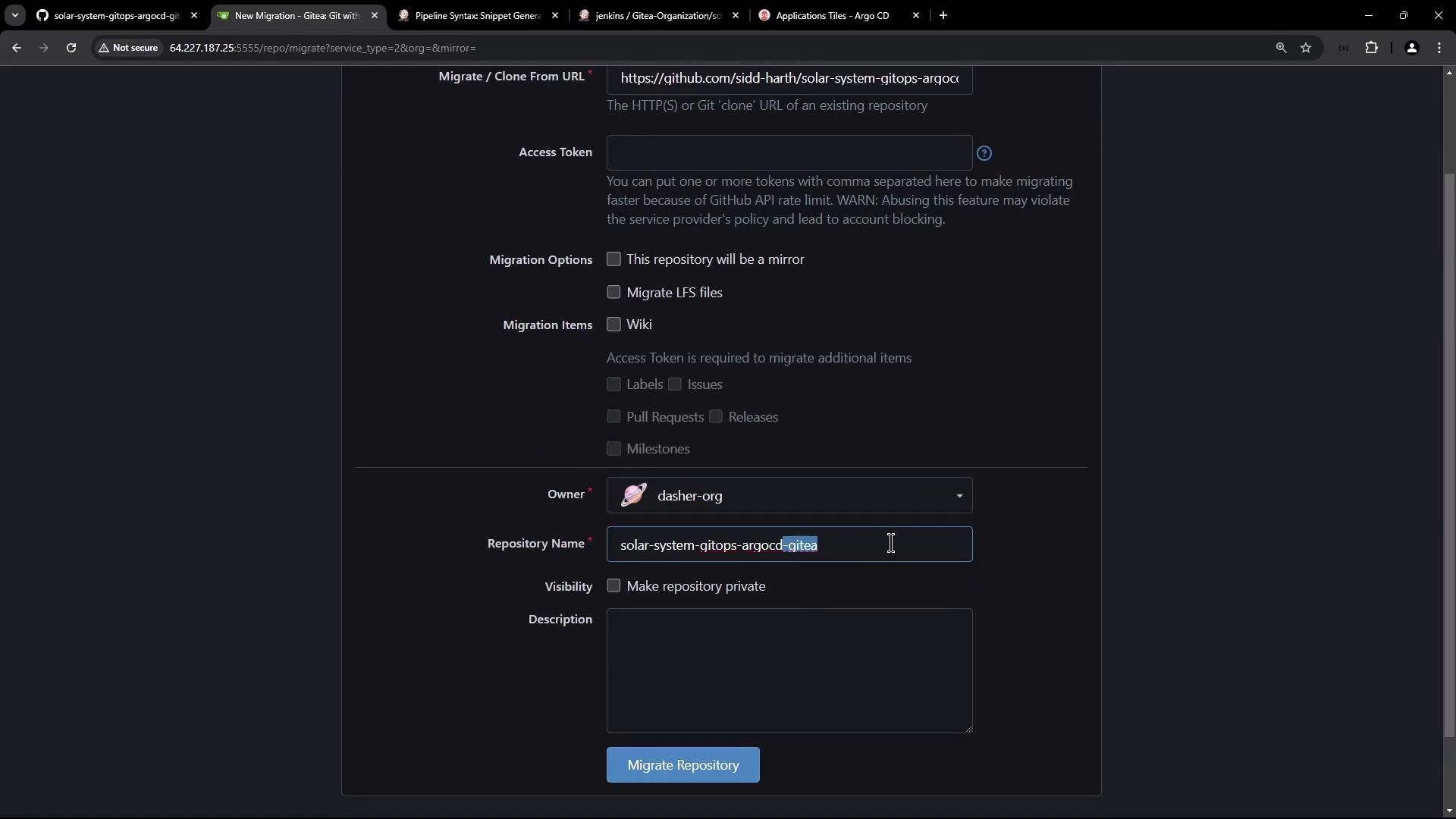 The image shows a web interface for migrating a Git repository, with fields for the repository URL, access token, and options for migration settings.
