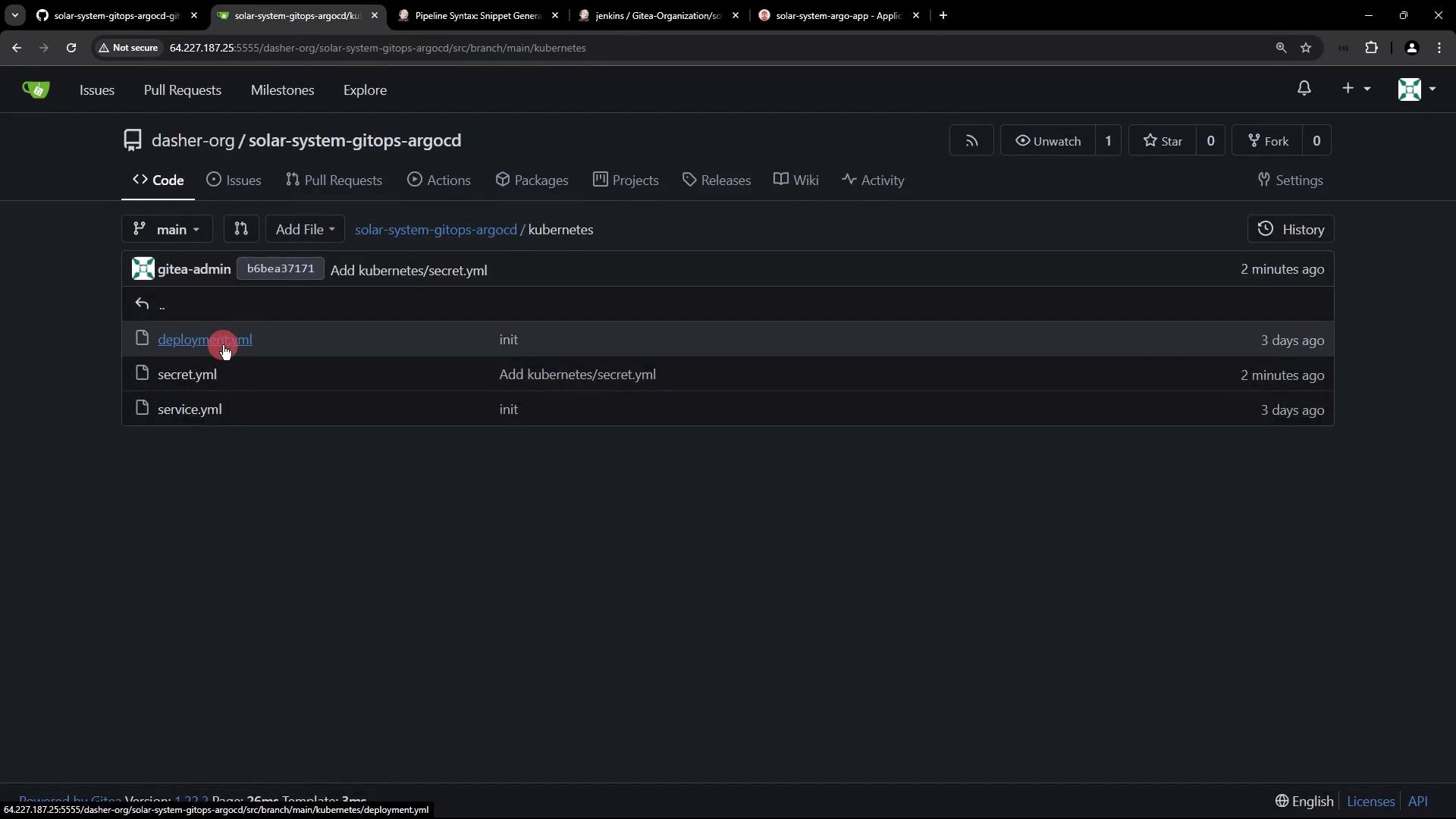 The image shows a Git repository interface with a list of YAML files related to Kubernetes, including "deployment.yml," "secret.yml," and "service.yml." The files have recent commit messages and timestamps.