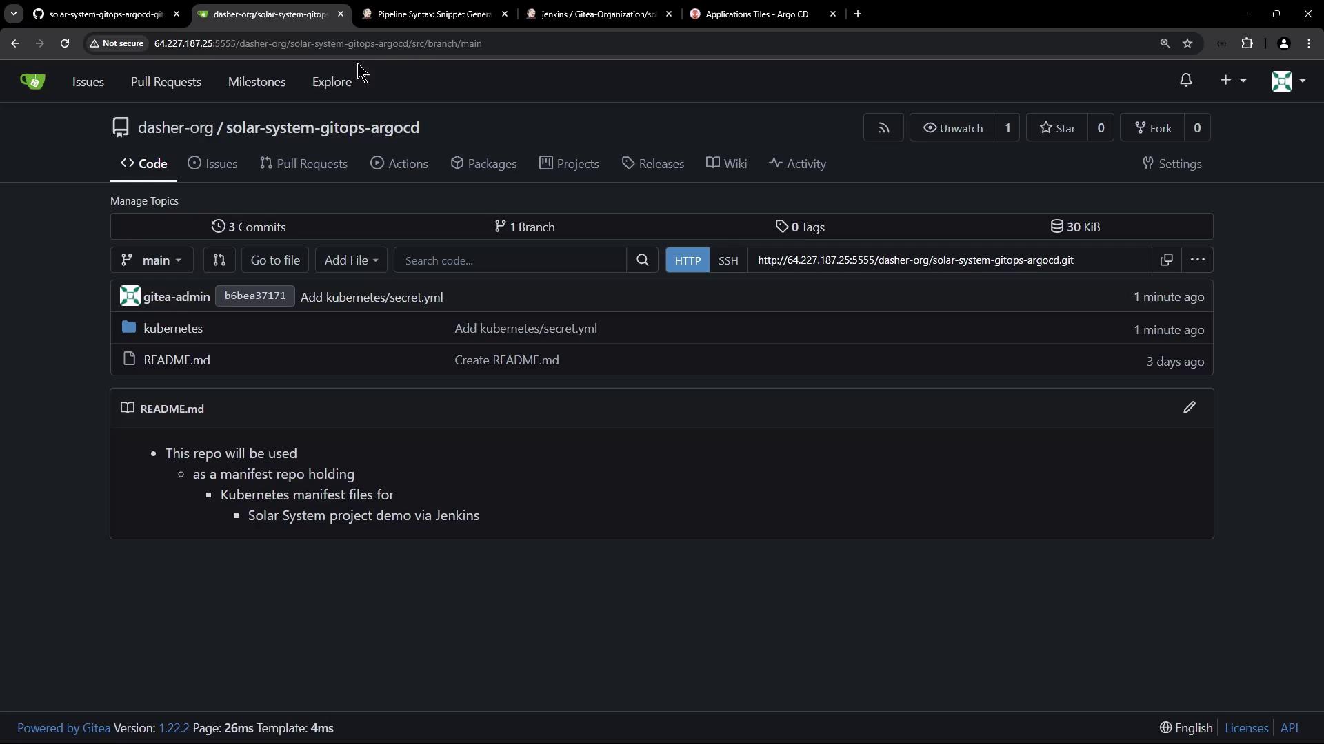 The image shows a Gitea repository interface for "solar-system-gitops-argocd," displaying recent commits and a README file outlining its use for Kubernetes manifest files in a project demo via Jenkins.