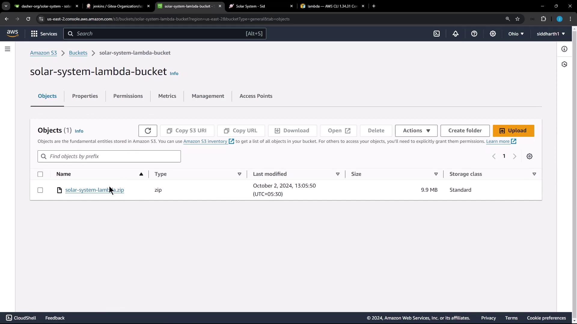 The image shows an Amazon S3 bucket interface with a file named "solar-system-lambda.zip" listed, which is 9.9 MB in size.