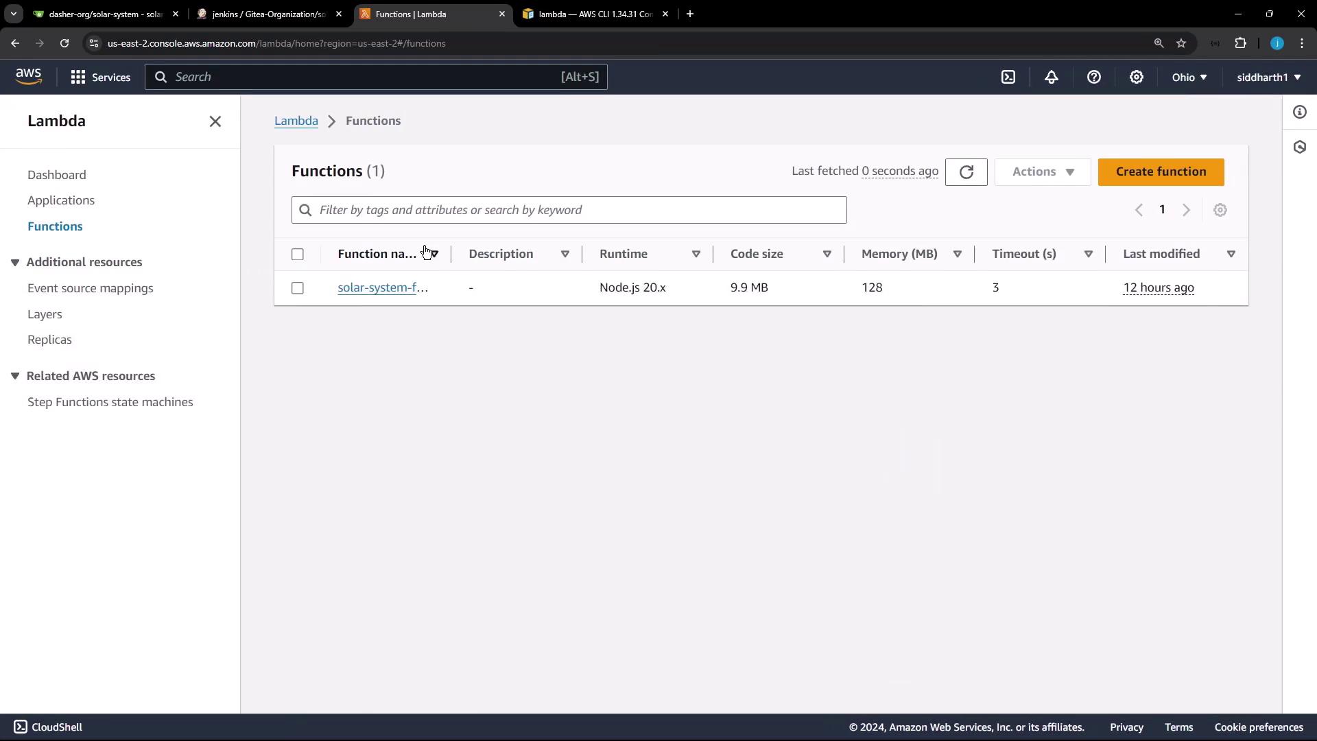 The image shows an AWS Lambda console with a list of functions, including one named "solar-system-f..." with details like runtime, code size, and memory.