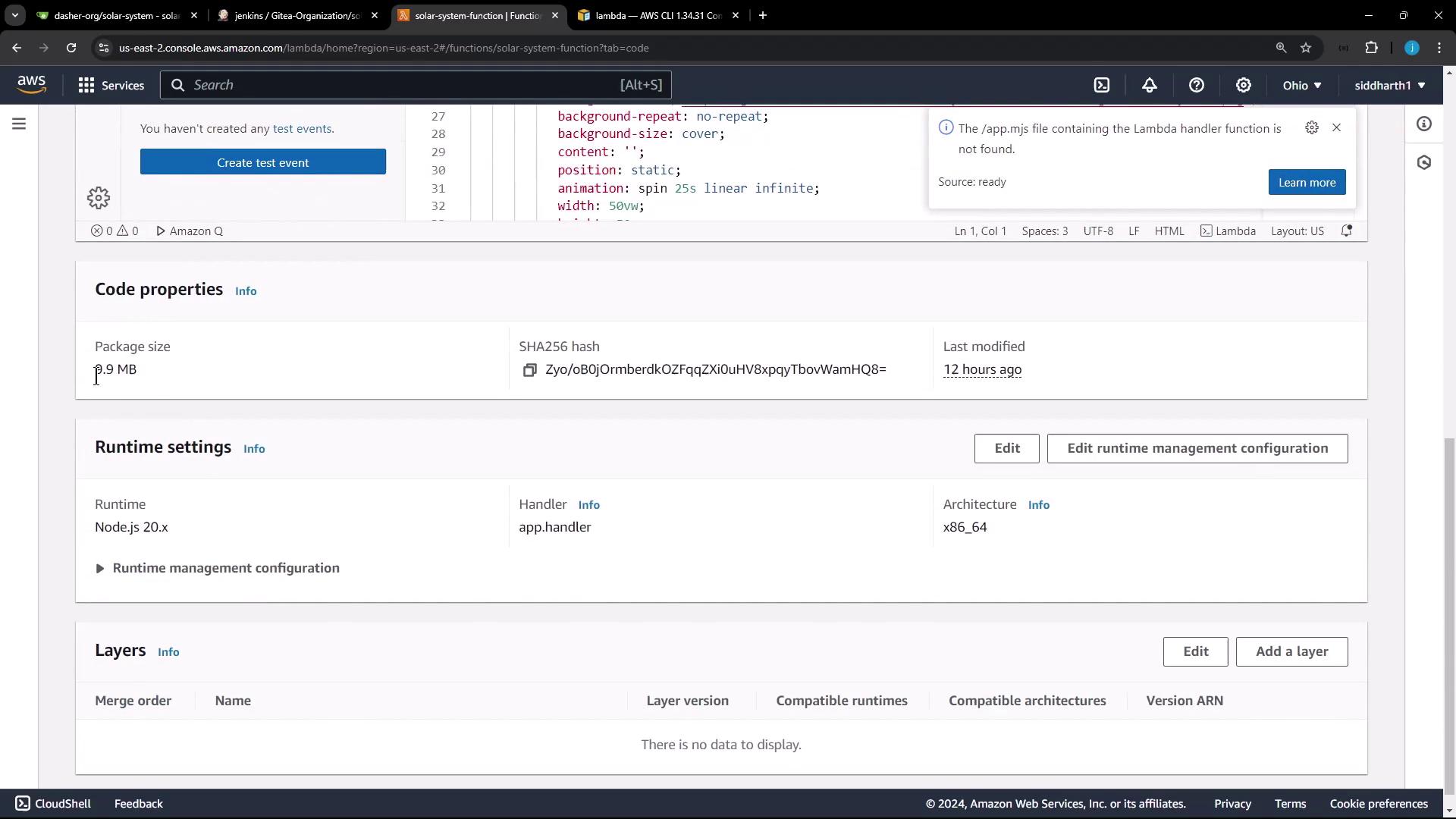 The image shows an AWS Lambda console with details about a function, including code properties like package size and runtime settings for Node.js 20.x. There's also a notification indicating that the Lambda handler function file is not found.