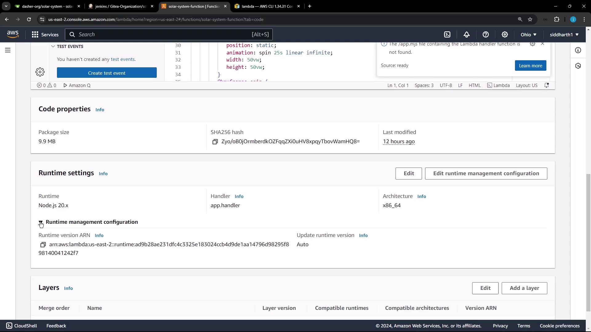 The image shows an AWS Lambda console displaying details of a function, including code properties and runtime settings for Node.js 20.x.
