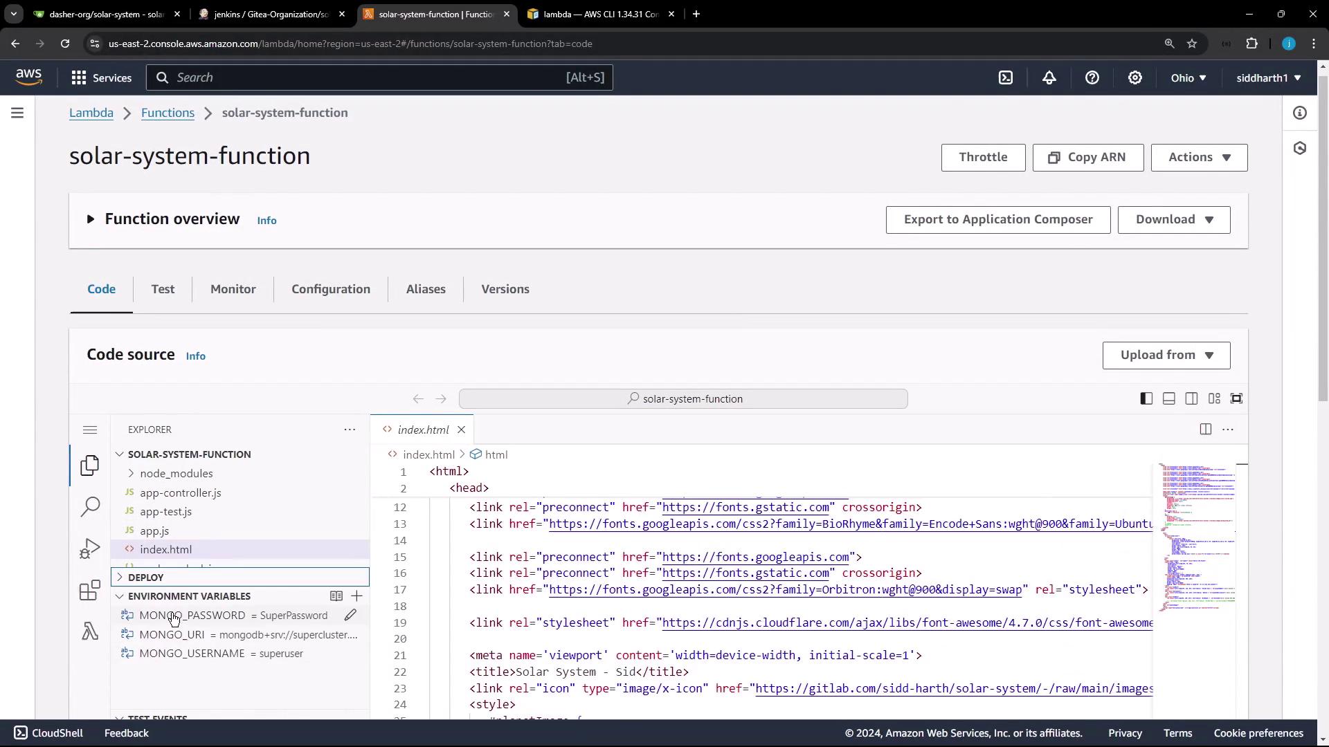 The image shows an AWS Lambda console with a function named "solar-system-function" open, displaying the code editor with an HTML file and some environment variables.