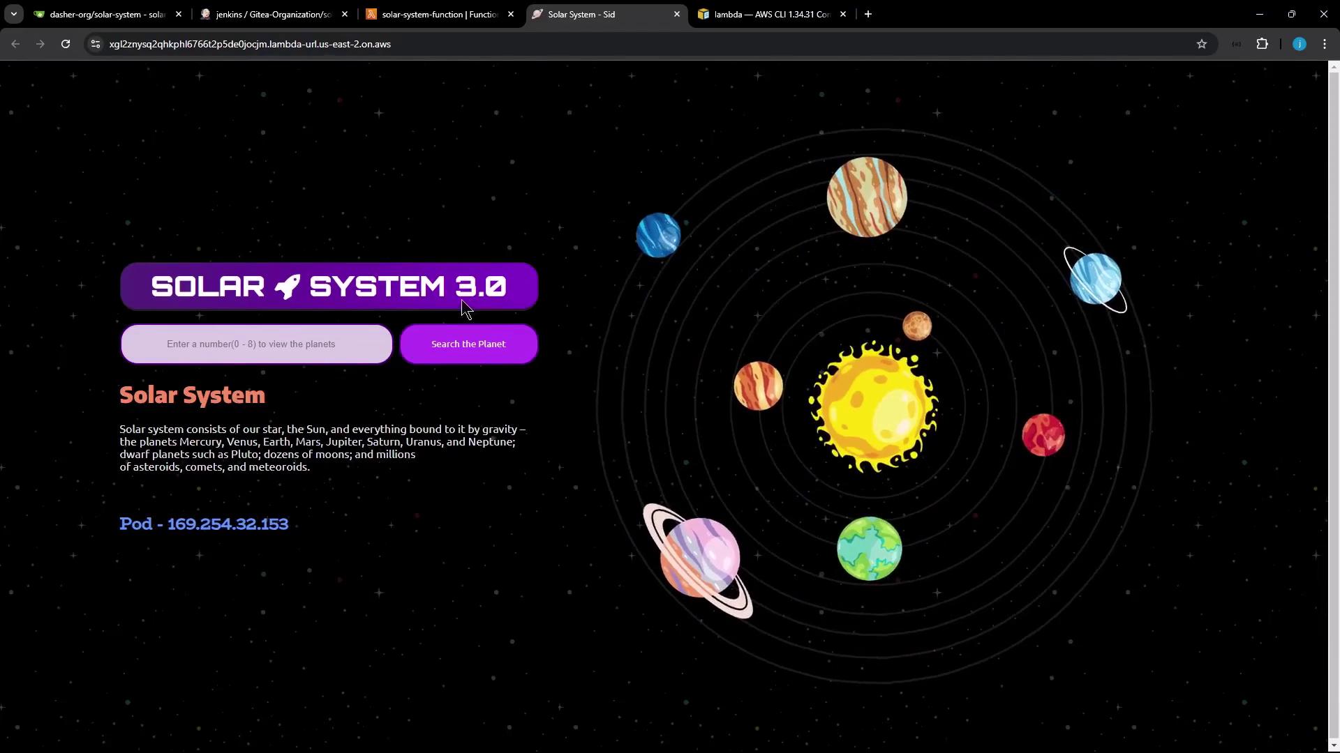 The image shows a stylized representation of the solar system with planets orbiting the sun, accompanied by a user interface labeled "Solar System 3.0" for searching planets.
