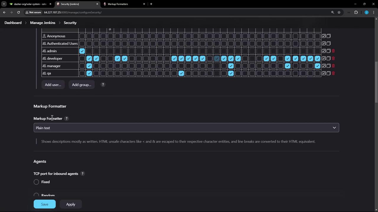 The image shows a Jenkins security configuration page with user roles and permissions, and options for markup formatting and agent settings.