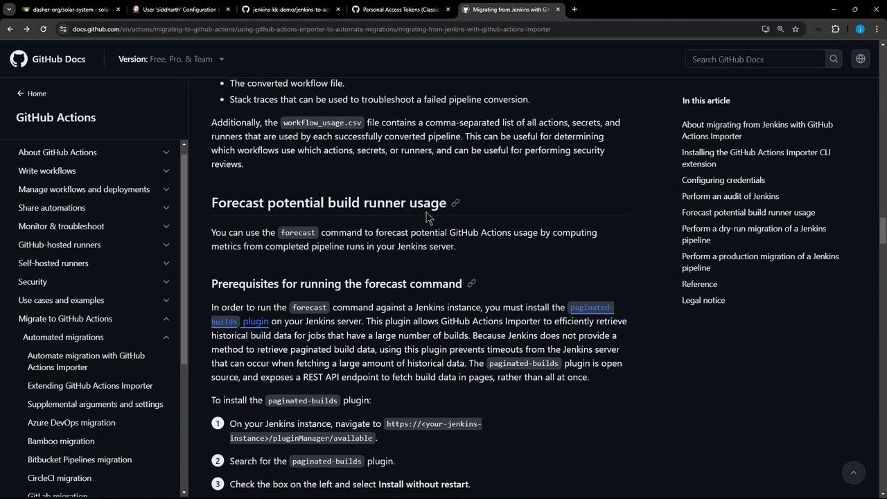 The image shows a GitHub Docs page about migrating from Jenkins with GitHub Actions Importer, detailing steps for forecasting potential build runner usage. The page includes navigation links and a sidebar with related topics.