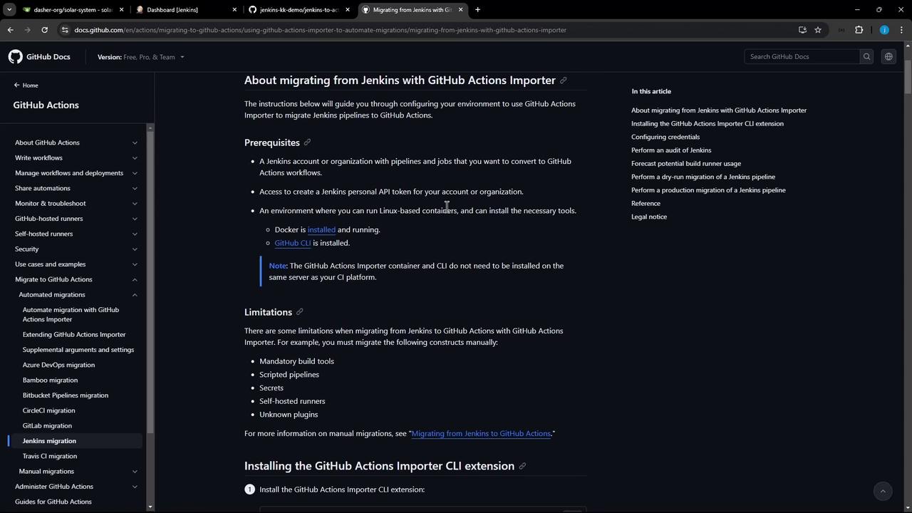 The image shows a GitHub documentation page about migrating from Jenkins to GitHub Actions using the GitHub Actions Importer. It includes prerequisites, limitations, and installation instructions for the CLI extension.