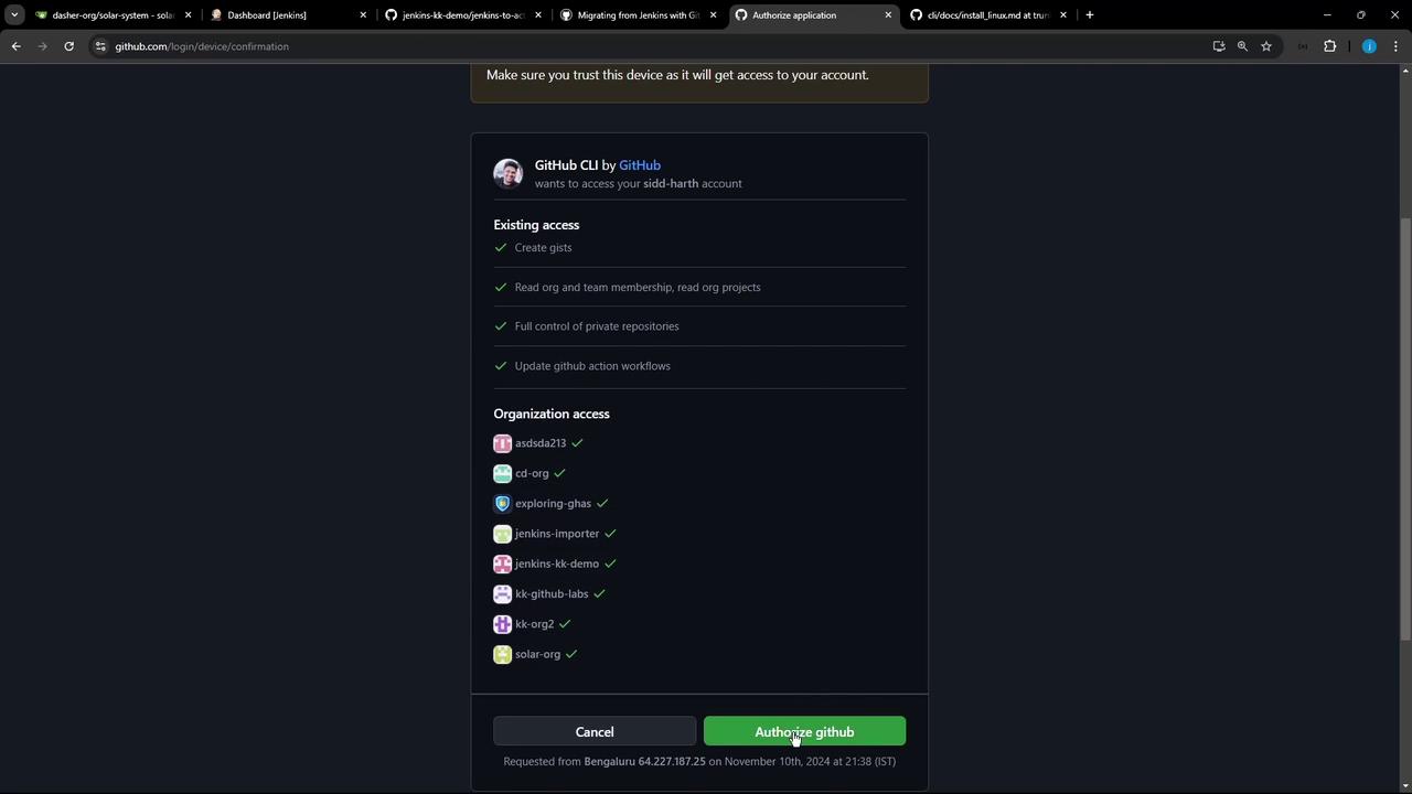 The image shows a GitHub authorization page for the GitHub CLI, requesting access to a user's account and various organizations. There are options to cancel or authorize the application.