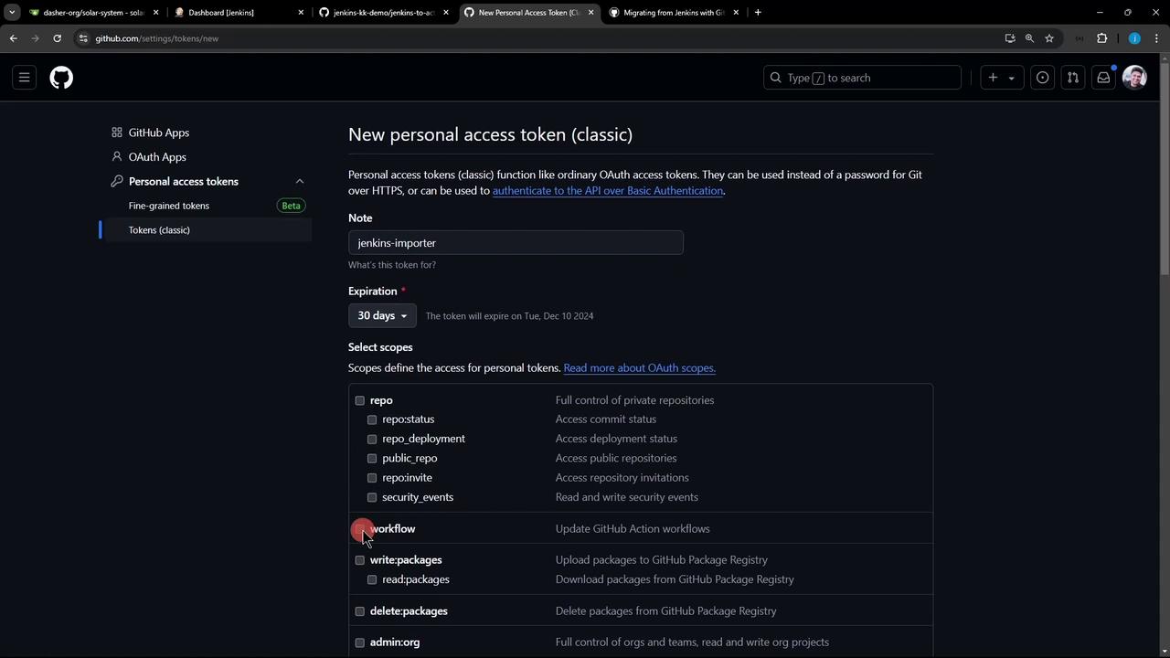 The image shows a GitHub page for creating a new personal access token, with options to set a note, expiration date, and select scopes for the token.