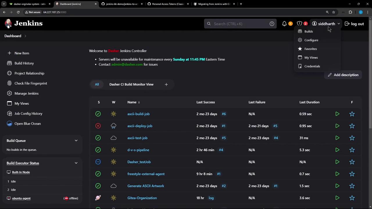 The image shows a Jenkins dashboard with a list of build jobs, their statuses, last success and failure times, and durations. The interface includes navigation options on the left and user account details on the top right.