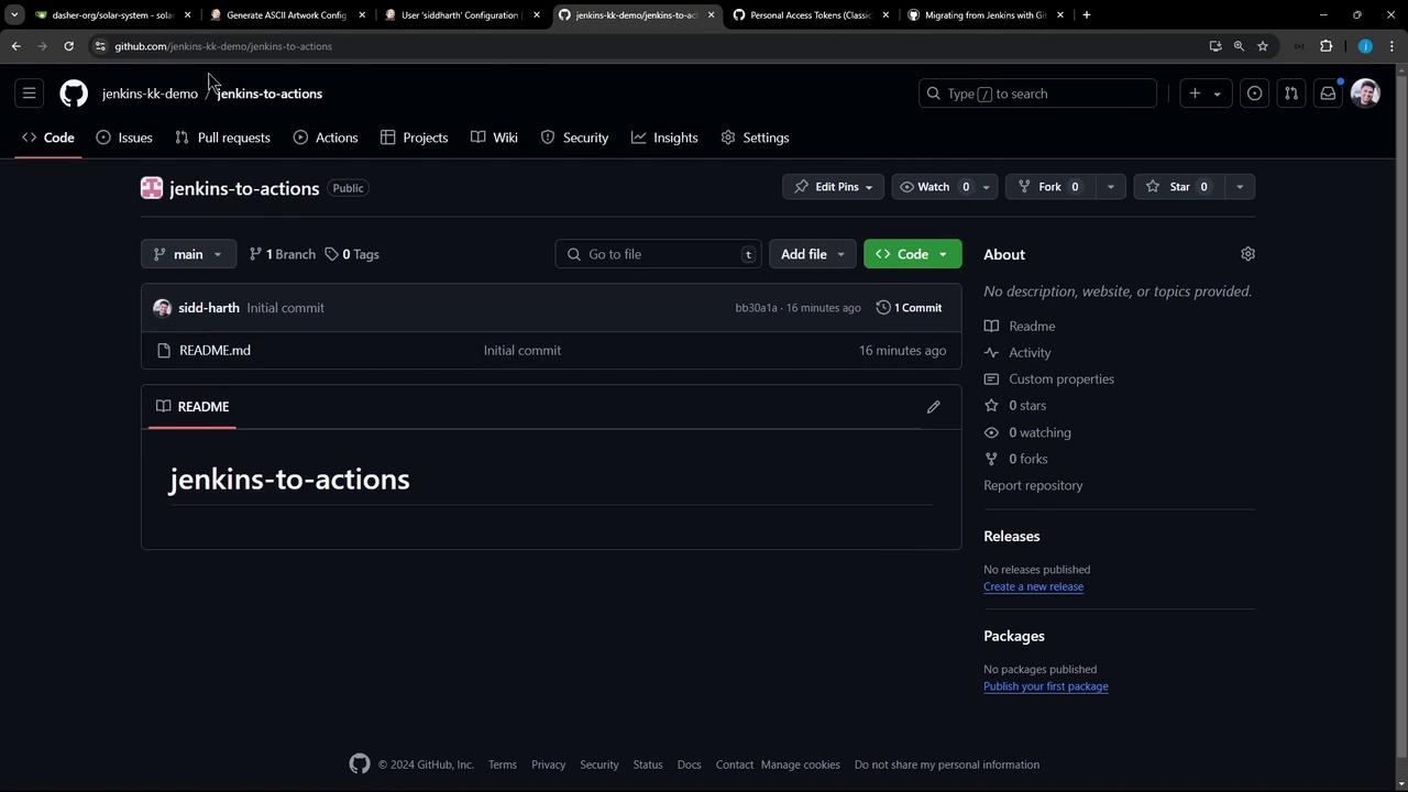 The image shows a GitHub repository page titled "jenkins-to-actions" with an initial commit made 16 minutes ago. The repository is public and contains a README file.