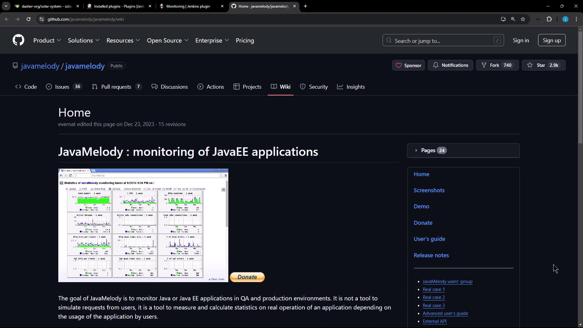 The image shows a GitHub wiki page for JavaMelody, a tool for monitoring JavaEE applications, featuring a screenshot of its monitoring interface.