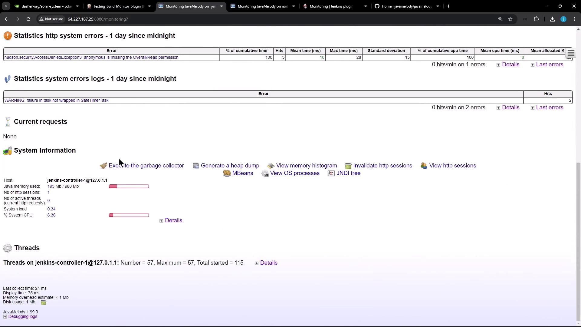 The image shows a JavaMelody monitoring dashboard for a Jenkins server, displaying system errors, current requests, system information, and thread details.