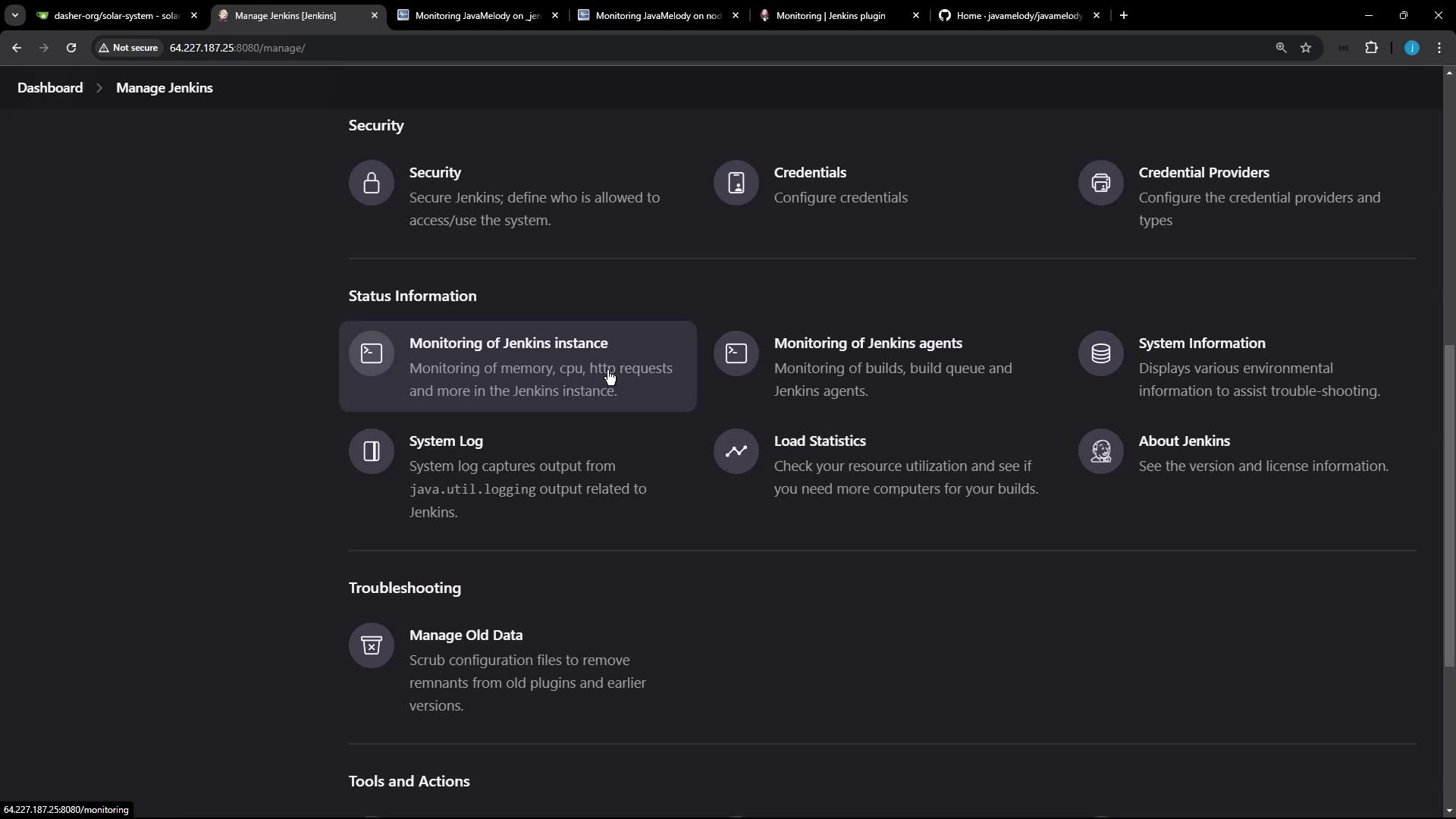The image shows a Jenkins management interface with options for security, status information, troubleshooting, and tools and actions. It includes sections for monitoring Jenkins instances, system logs, and managing old data.