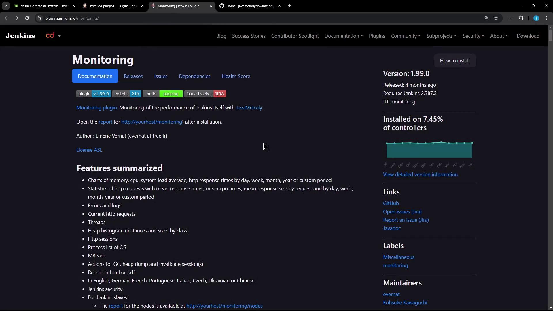 The image shows a webpage for the Jenkins Monitoring plugin, detailing its features, version information, and installation statistics. It includes links to documentation, GitHub, and issue tracking, along with a summary of the plugin's capabilities.