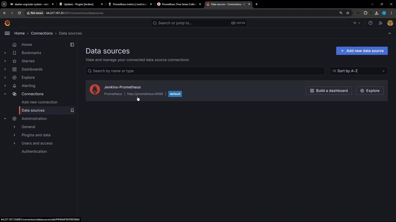 The image shows a dashboard interface for managing data source connections, specifically displaying a connection to "Jenkins-Prometheus" with options to build a dashboard or explore. The interface includes a sidebar with navigation options like Home, Bookmarks, and Connections.