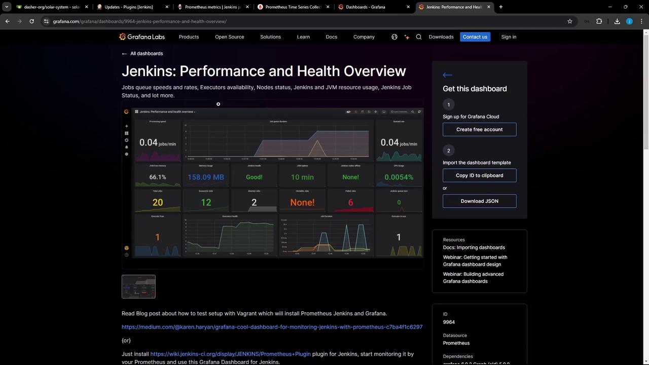 The image shows a Grafana dashboard for Jenkins, displaying performance and health metrics such as job queue speeds, executor availability, and resource usage. There are options to sign up for Grafana Cloud and import the dashboard template.