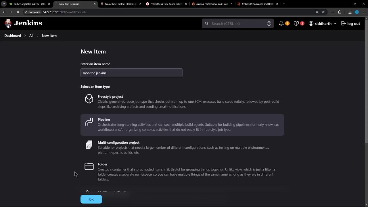 The image shows a Jenkins interface where a user is creating a new item named "monitor-jenkins" and selecting an item type, such as Freestyle project, Pipeline, Multi-configuration project, or Folder.