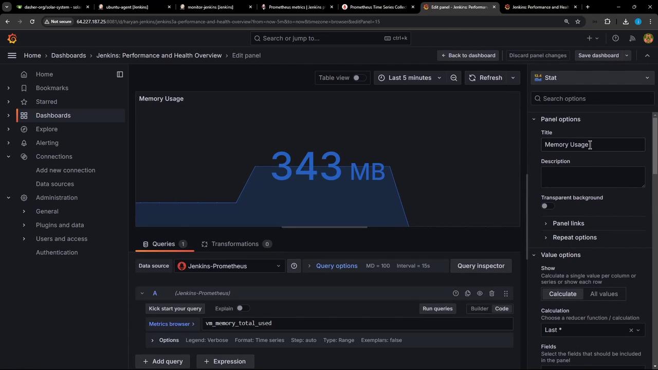 The image shows a Jenkins dashboard displaying memory usage, with a graph indicating 343 MB of memory used. The interface includes options for editing the panel and configuring queries.
