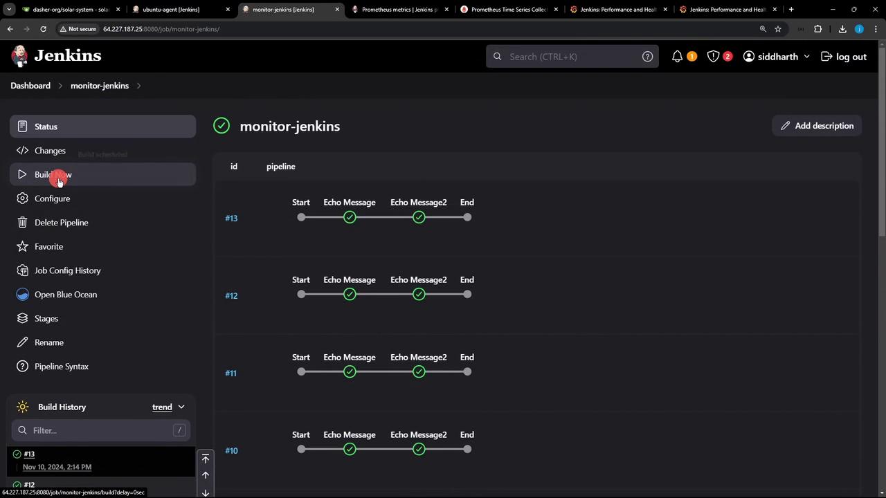 The image shows a Jenkins dashboard with a pipeline named "monitor-jenkins," displaying the status of several builds with stages like "Start," "Echo Message," and "End." The sidebar includes options like "Build Now," "Configure," and "Delete Pipeline."