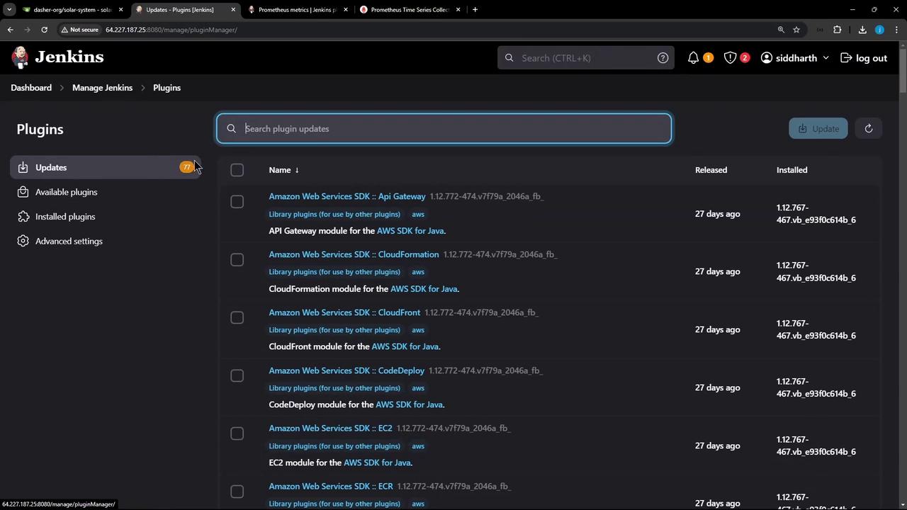 The image shows the Jenkins plugin management interface, specifically the updates section, listing various Amazon Web Services SDK plugins available for update.