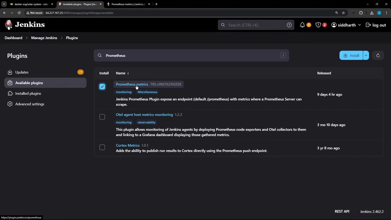 The image shows the Jenkins plugin management interface, specifically the "Available plugins" section, with a search for "Prometheus" displaying related plugins and their details.