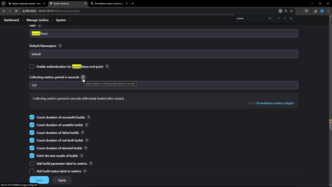 The image shows a Jenkins system configuration page for Prometheus metrics, with options to set the metrics collection period and enable various build count metrics.