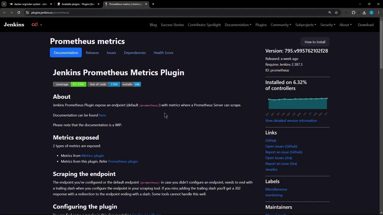The image shows a webpage for the Jenkins Prometheus Metrics Plugin, detailing its features, installation statistics, and links for further information.