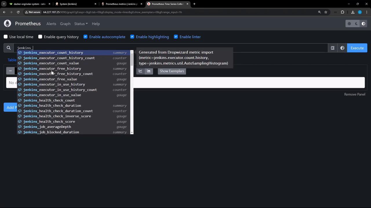 The image shows a Prometheus interface with a query input field, displaying a list of Jenkins-related metrics. The user is selecting a metric from the dropdown list to execute a query.