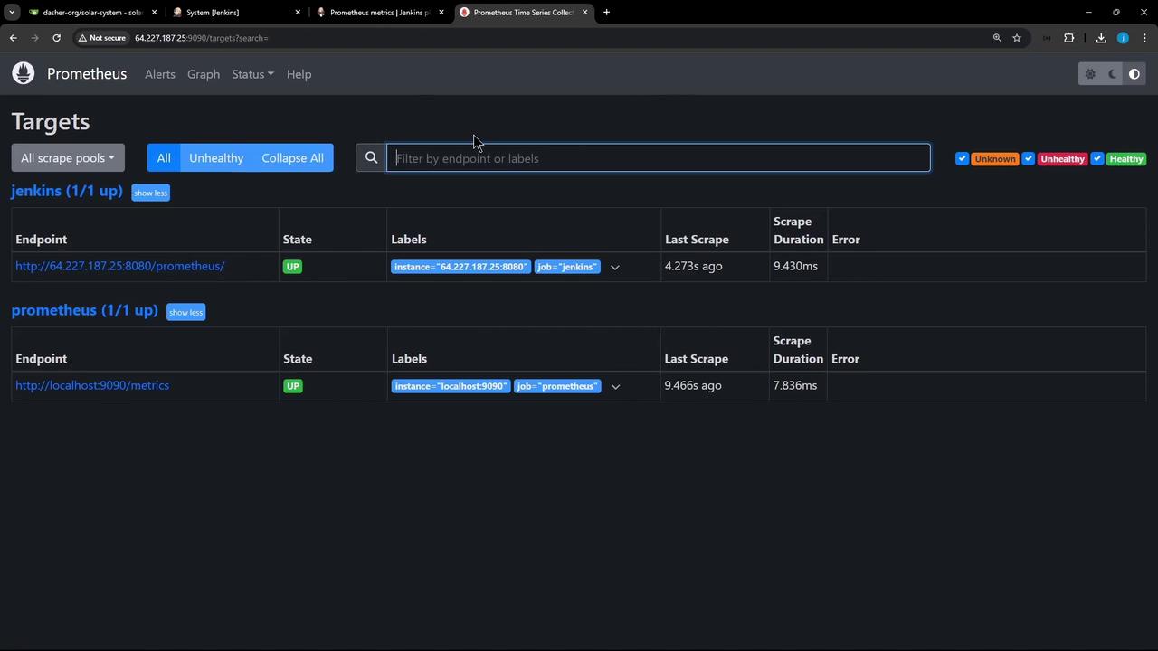 The image shows a Prometheus monitoring dashboard displaying the status of two targets, "jenkins" and "prometheus," both of which are up and running. It includes details like endpoints, state, labels, last scrape time, and scrape duration.