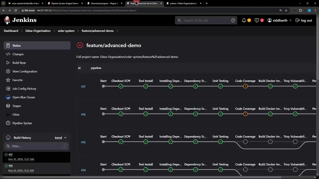 The image shows a Jenkins dashboard displaying a pipeline for a project named "feature/advanced-demo," with various stages like "Checkout SCM," "Tool Install," and "Code Coverage." The pipeline includes multiple builds with their statuses indicated by checkmarks and warnings.