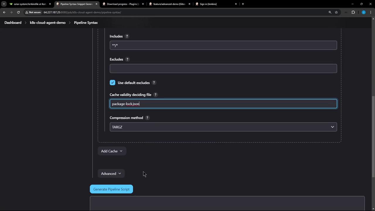 The image shows a Jenkins Pipeline Syntax configuration screen with options for includes, excludes, cache settings, and compression method. The "Generate Pipeline Script" button is visible at the bottom.