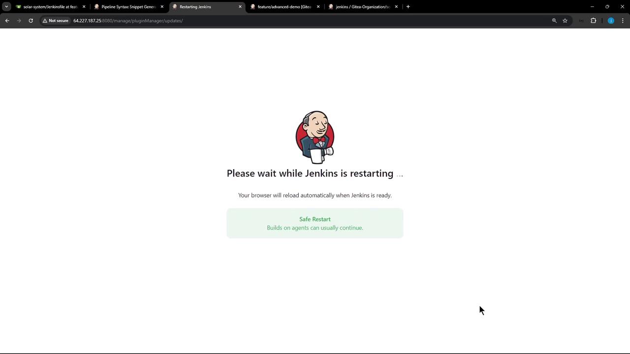 The image shows a Jenkins restart notification with a message indicating that the browser will reload automatically when Jenkins is ready. There is also an option for a "Safe Restart."