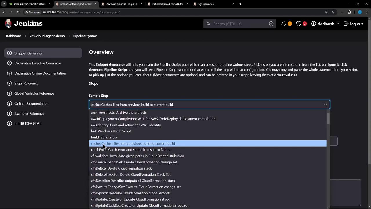 The image shows a Jenkins interface with the "Snippet Generator" tool open, displaying options for generating pipeline scripts. A dropdown menu lists various sample steps, with "cache: Caches files from previous build to current build" selected.
