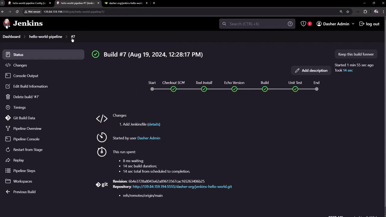 The image shows a Jenkins build pipeline interface, displaying the status and details of a completed build process with various stages like "Checkout SCM," "Tool Install," and "Unit Test."