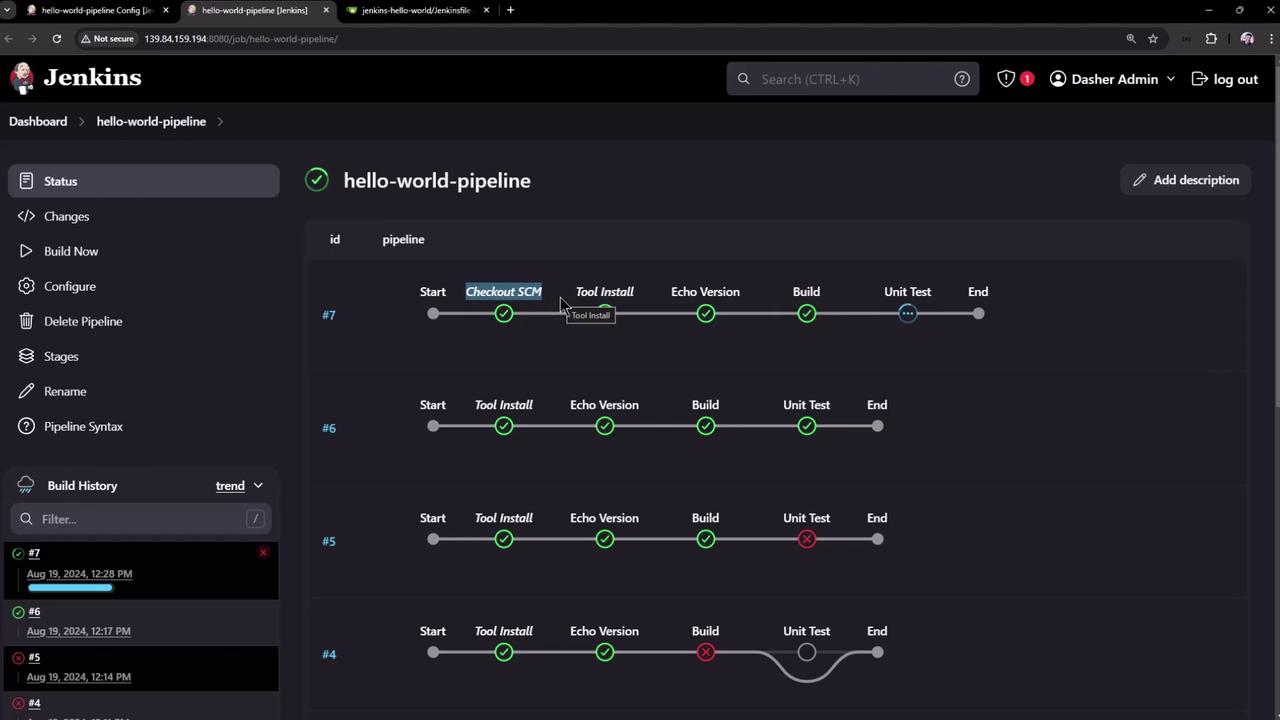 The image shows a Jenkins dashboard displaying the status of a "hello-world-pipeline" with various stages like "Checkout SCM," "Tool Install," "Build," and "Unit Test." It includes a build history with different pipeline runs, some of which have failed stages.