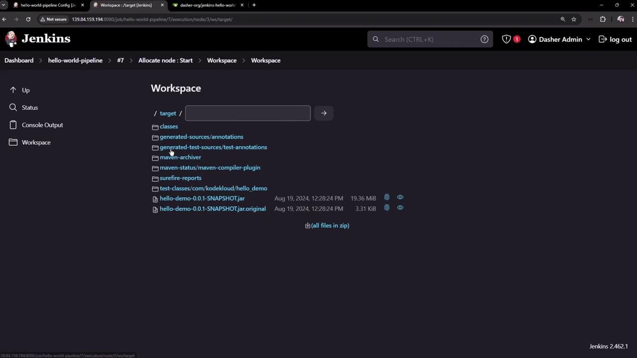 The image shows a Jenkins workspace interface displaying a list of directories and files related to a project build, including JAR files and source folders.