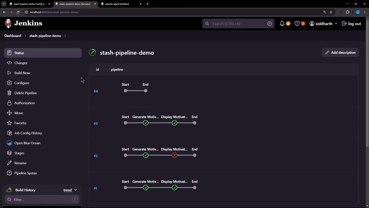 The image shows a Jenkins dashboard displaying the status of a pipeline named "stash-pipeline-demo," with several build stages and their completion statuses.