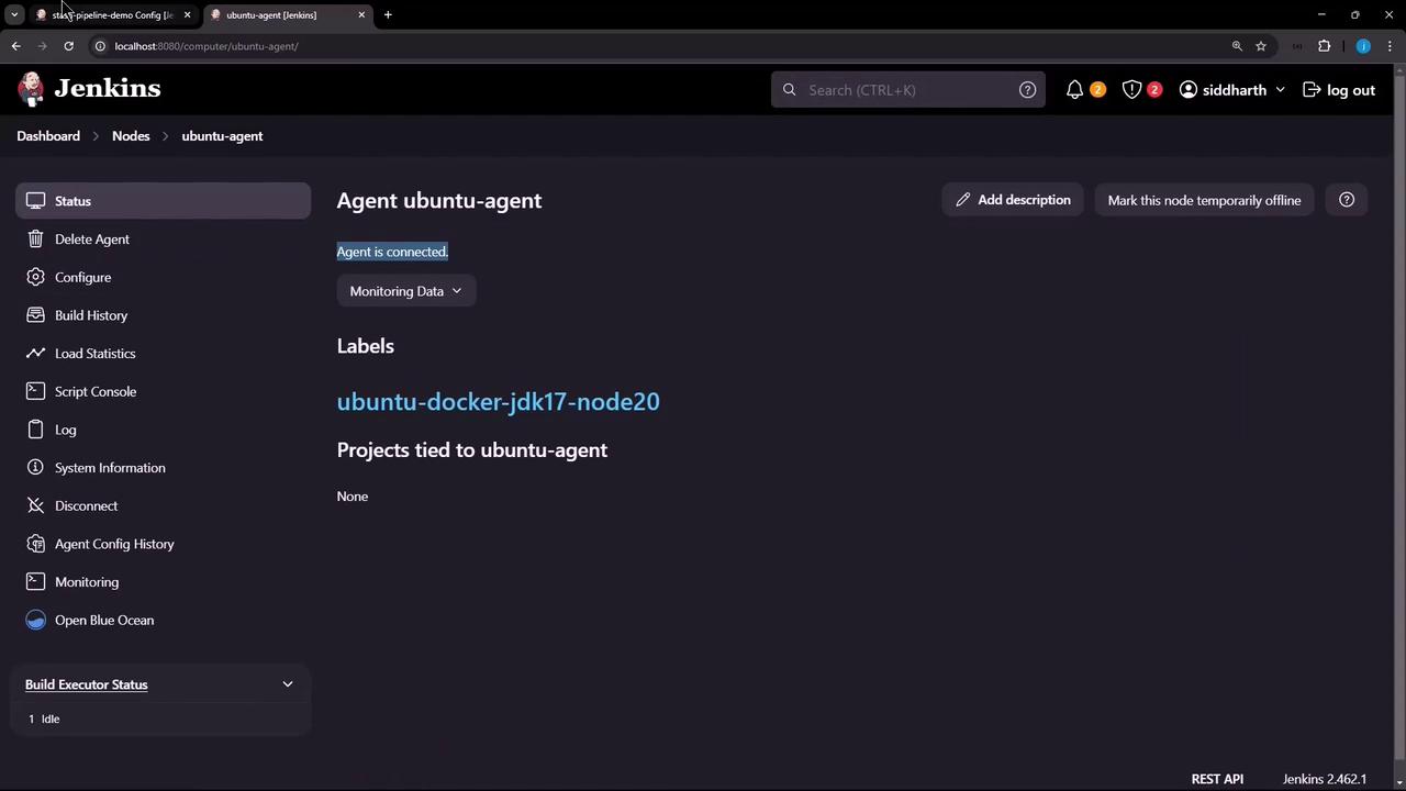 The image shows a Jenkins dashboard for an agent named "ubuntu-agent," indicating that the agent is connected and displaying related labels and options.