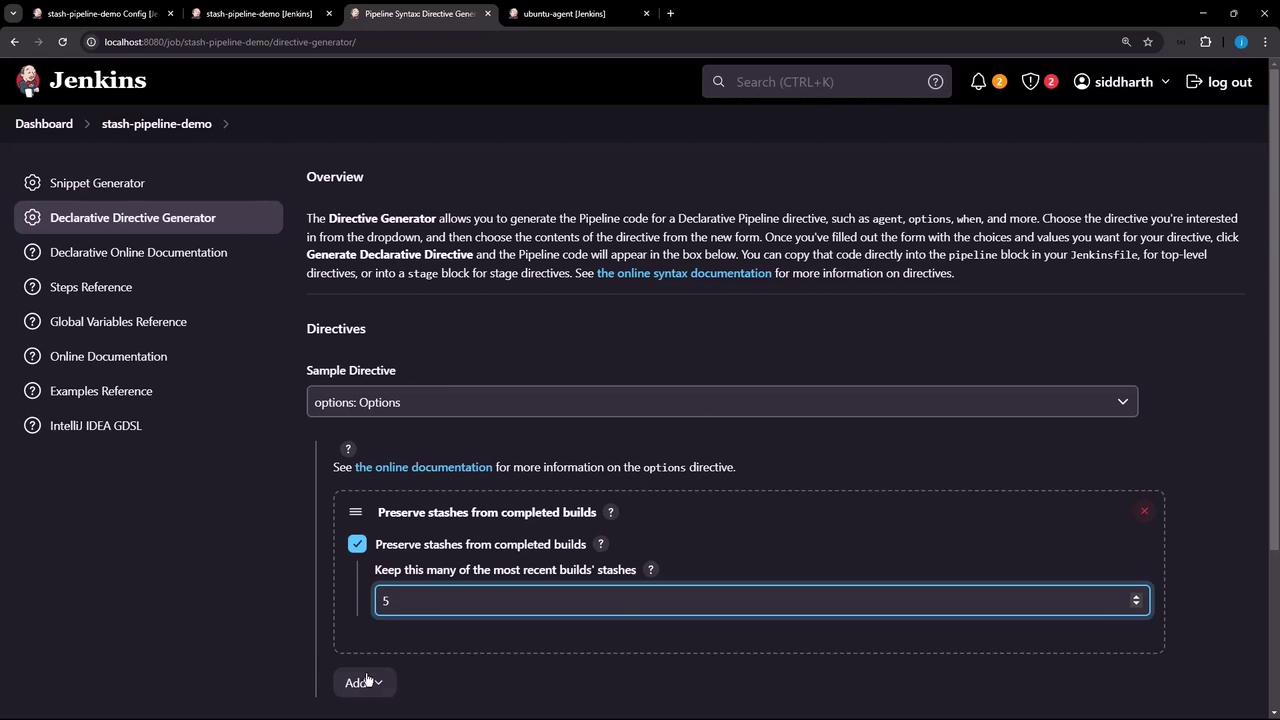 The image shows a Jenkins interface with the "Declarative Directive Generator" section open, allowing users to generate pipeline code for a declarative pipeline directive. It includes options to preserve stashes from completed builds, with a setting to keep the most recent five builds' stashes.