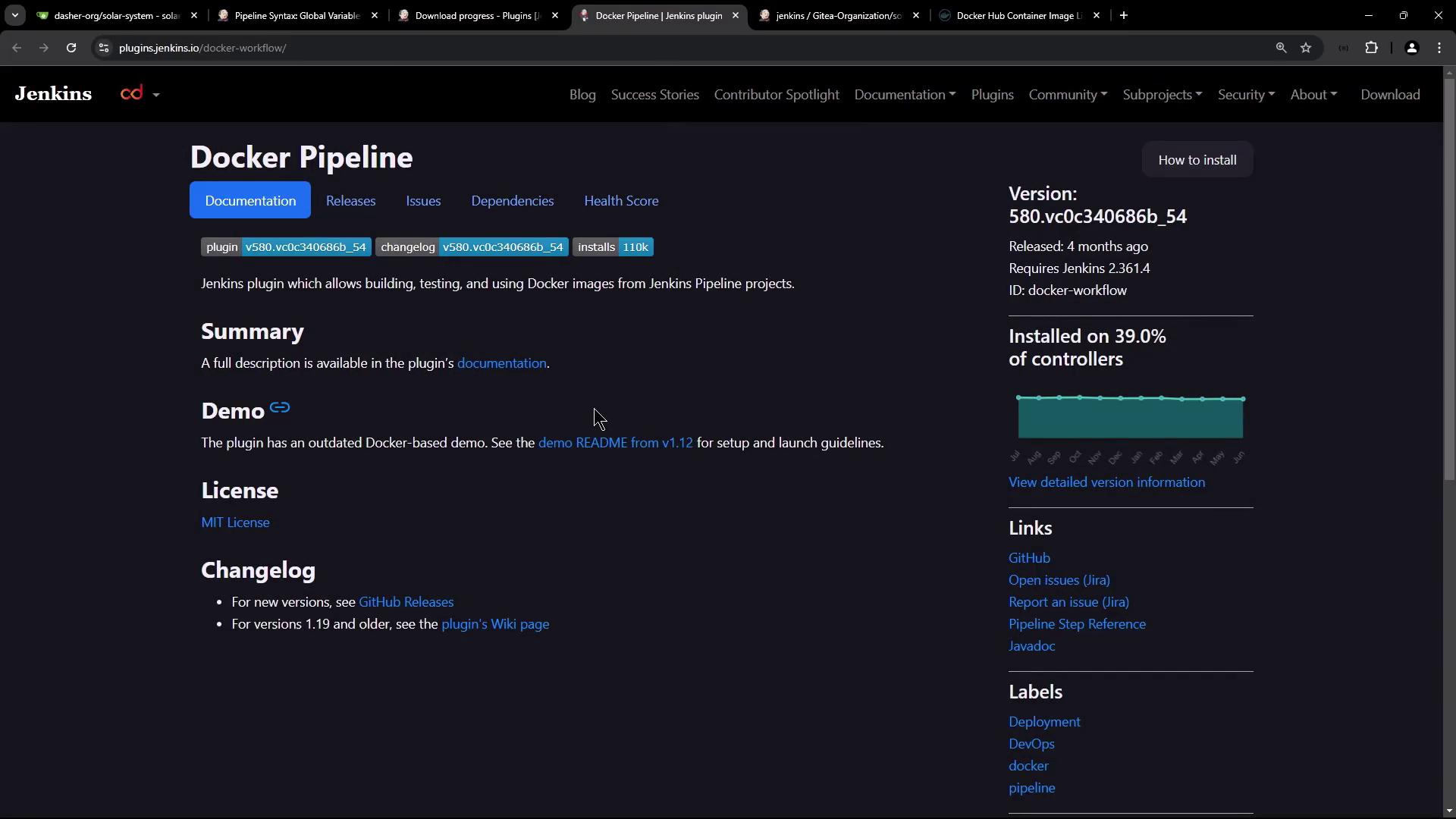 The image shows a webpage for the Docker Pipeline plugin on the Jenkins website, detailing its documentation, version, installation statistics, and related links.