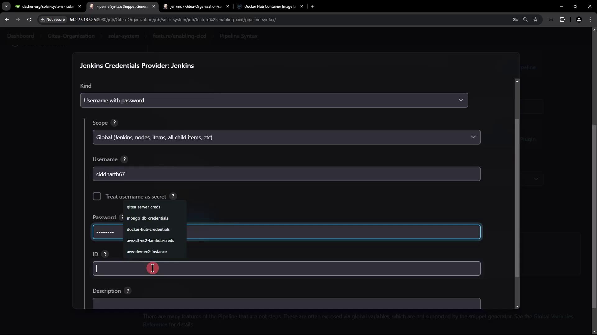 The image shows a Jenkins Credentials Provider interface where a user is configuring credentials with options for kind, scope, username, and password. The interface includes fields for entering an ID and description.