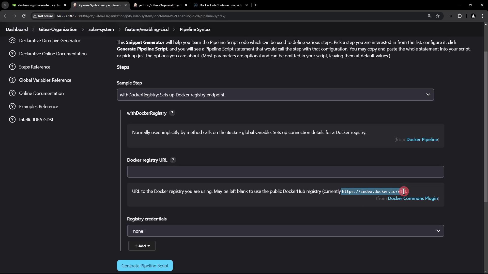 The image shows a Jenkins Pipeline Syntax page with options for configuring a Docker registry endpoint, including fields for the Docker registry URL and registry credentials.