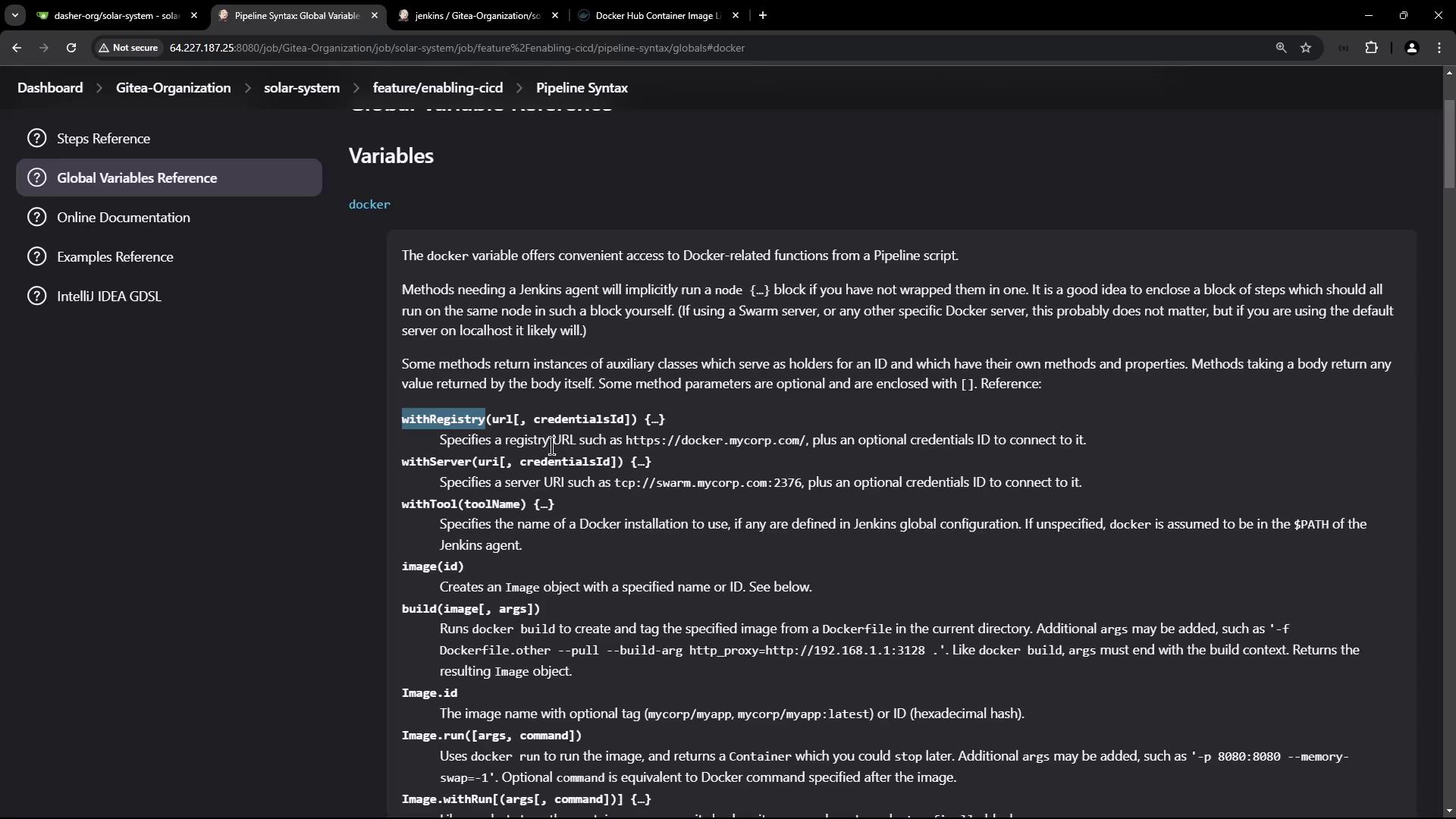 The image shows a webpage displaying documentation for Jenkins Pipeline Syntax, specifically focusing on global variables related to Docker functions. It includes descriptions of methods like `withRegistry`, `withServer`, and `image`.