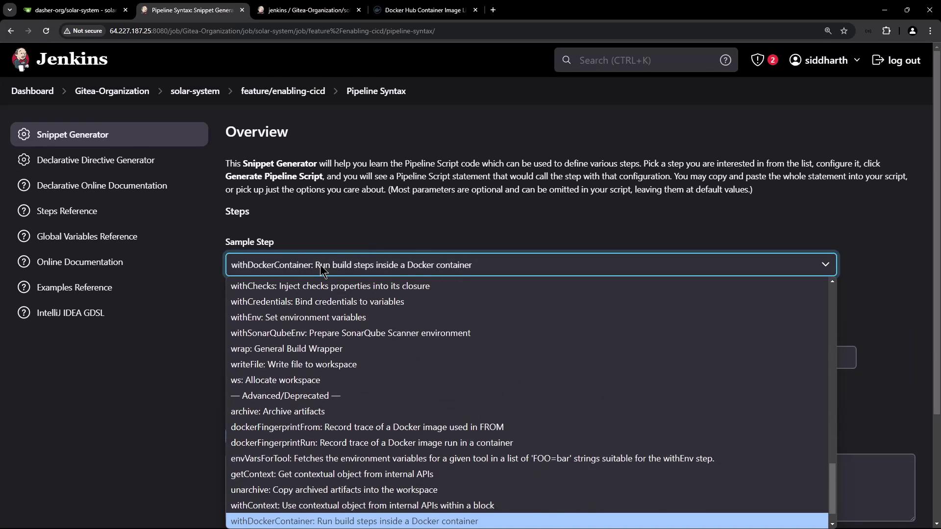 The image shows a Jenkins interface with a "Snippet Generator" for creating pipeline scripts, highlighting the "withDockerContainer" option to run build steps inside a Docker container.