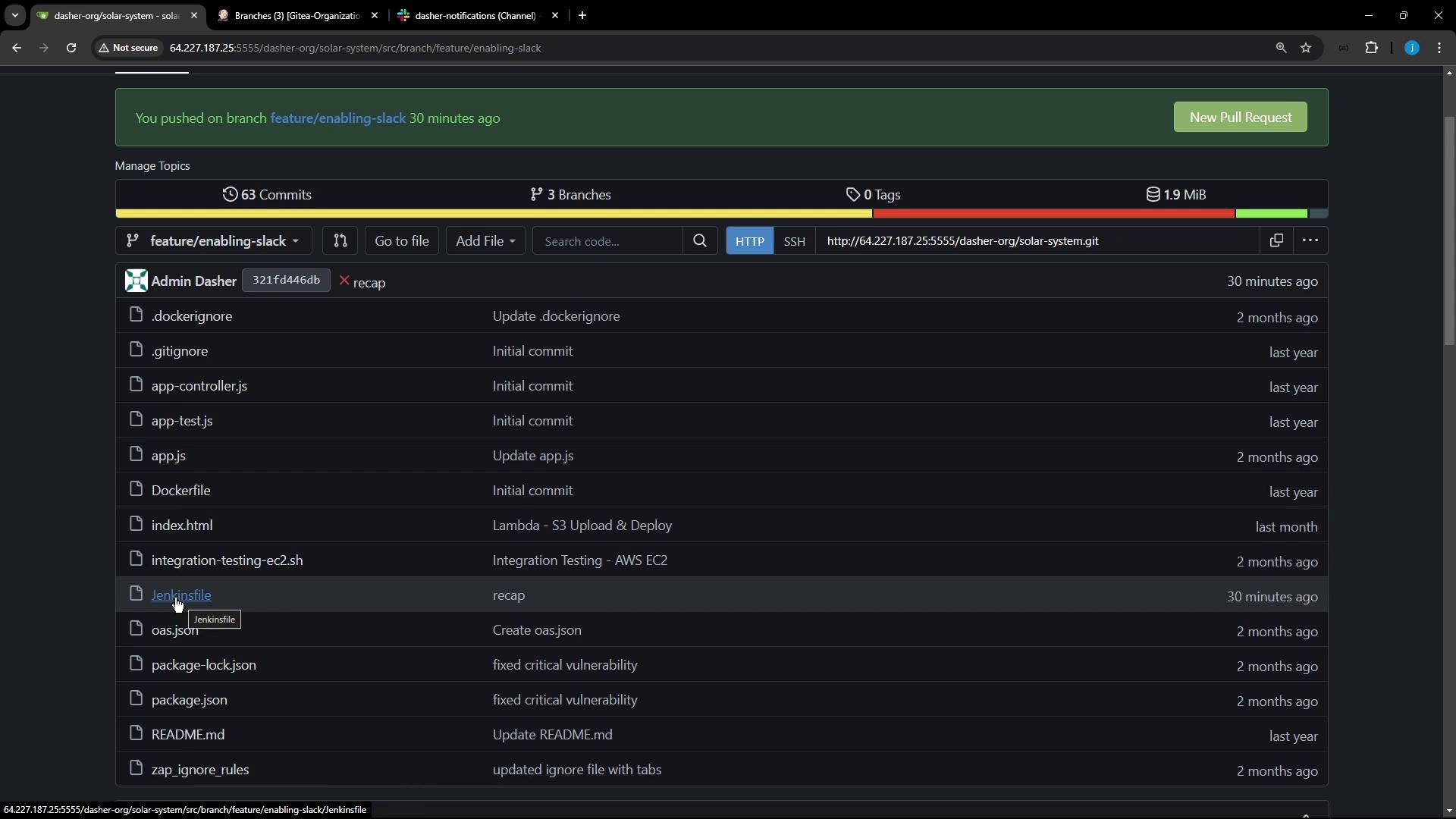 The image shows a Git repository interface with a list of files and their commit messages, focusing on the "feature/enabling-slack" branch. A notification indicates a recent push to this branch.