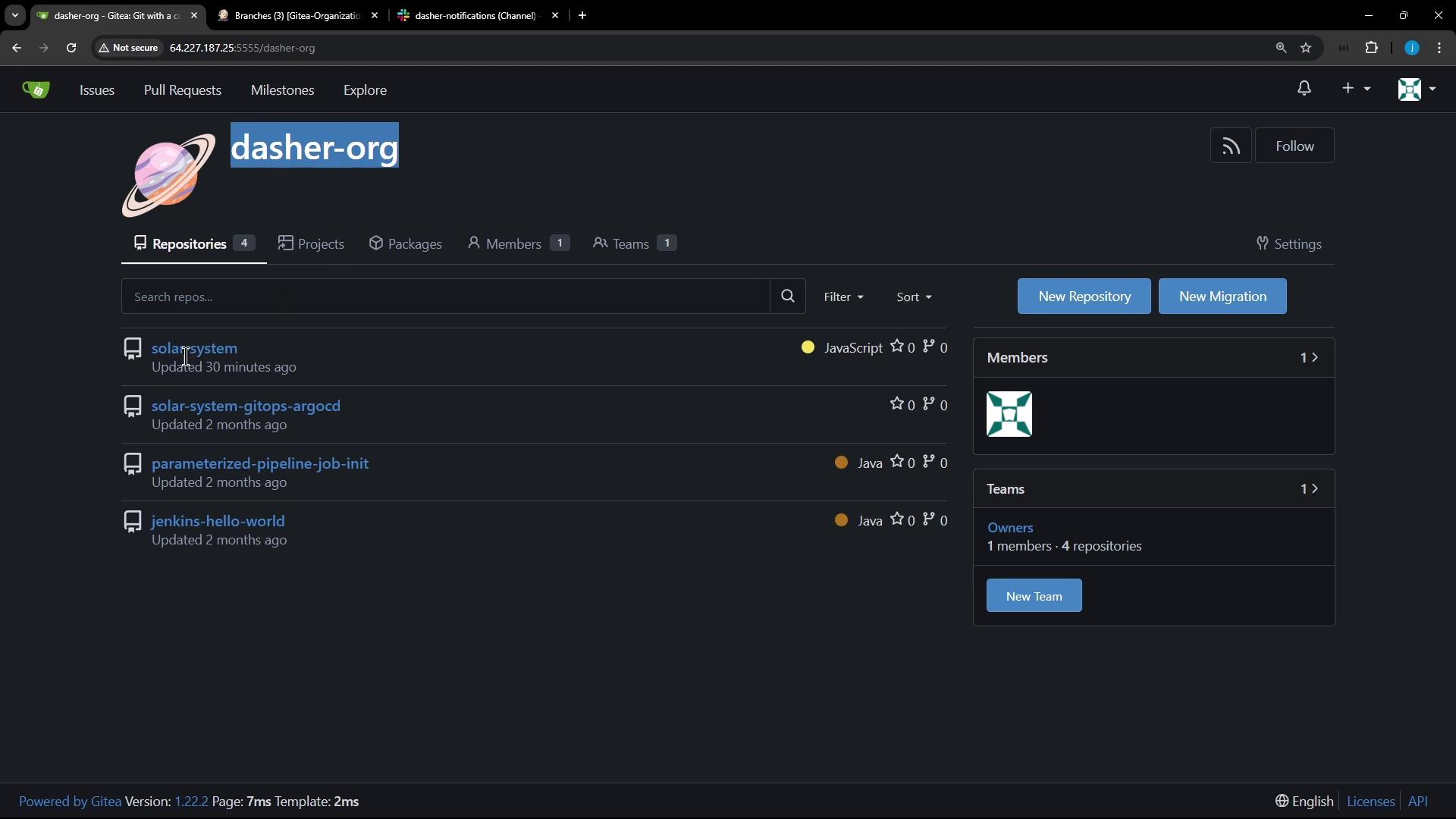 The image shows a Gitea organization page named "dasher-org" with a list of repositories, including "solarsystem" and others, along with options to create a new repository or migration.