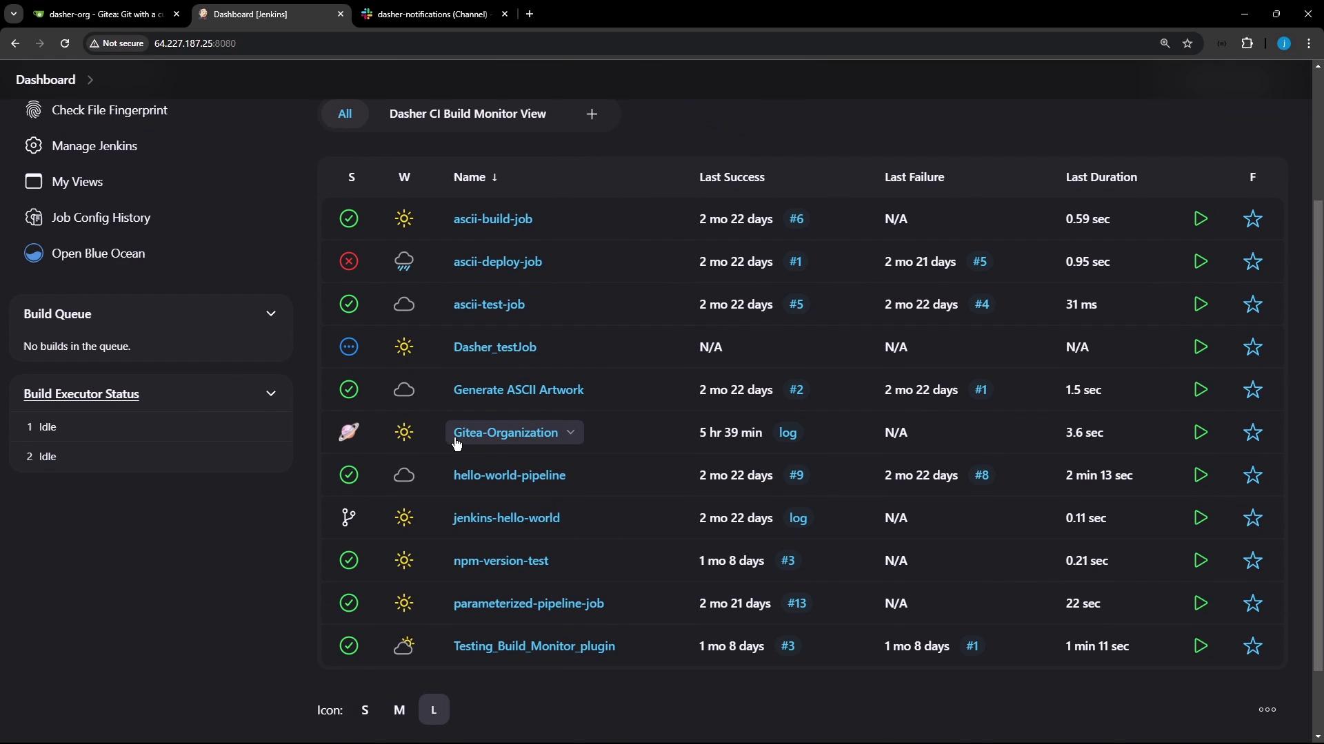 The image shows a Jenkins dashboard displaying a list of build jobs with their statuses, last success and failure times, and durations.